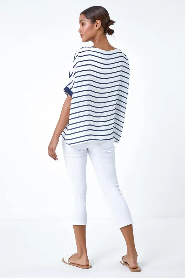Navy Floral Stripe Print Woven Top Women Roman Tops