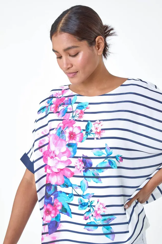 Navy Floral Stripe Print Woven Top Women Roman Tops