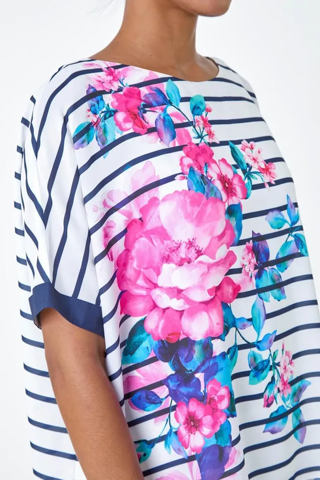 Navy Floral Stripe Print Woven Top Women Roman Tops