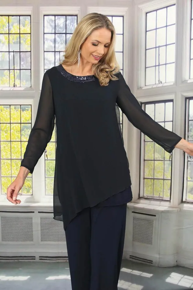 Navy Julianna Asymmetric Chiffon Sequin Top Women Roman Tops