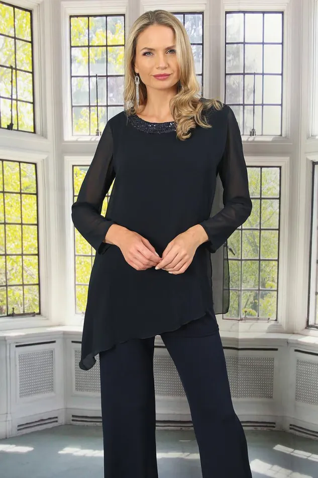 Navy Julianna Asymmetric Chiffon Sequin Top Women Roman Tops