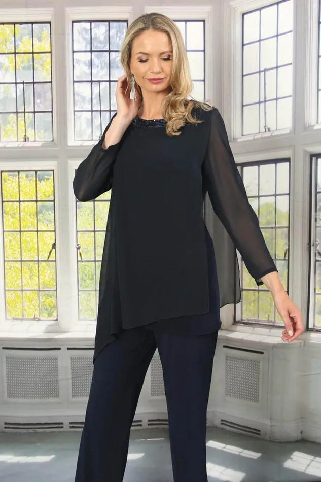 Navy Julianna Asymmetric Chiffon Sequin Top Women Roman Tops
