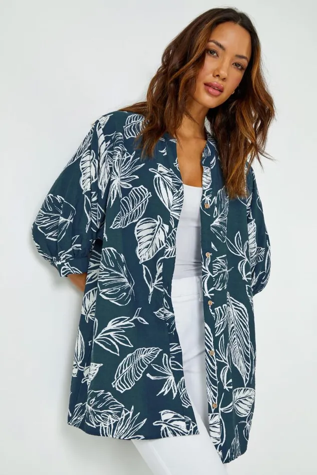 Navy Palm Print Longline Shirt Women Roman Tops