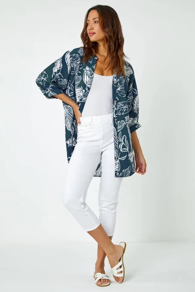 Navy Palm Print Longline Shirt Women Roman Tops