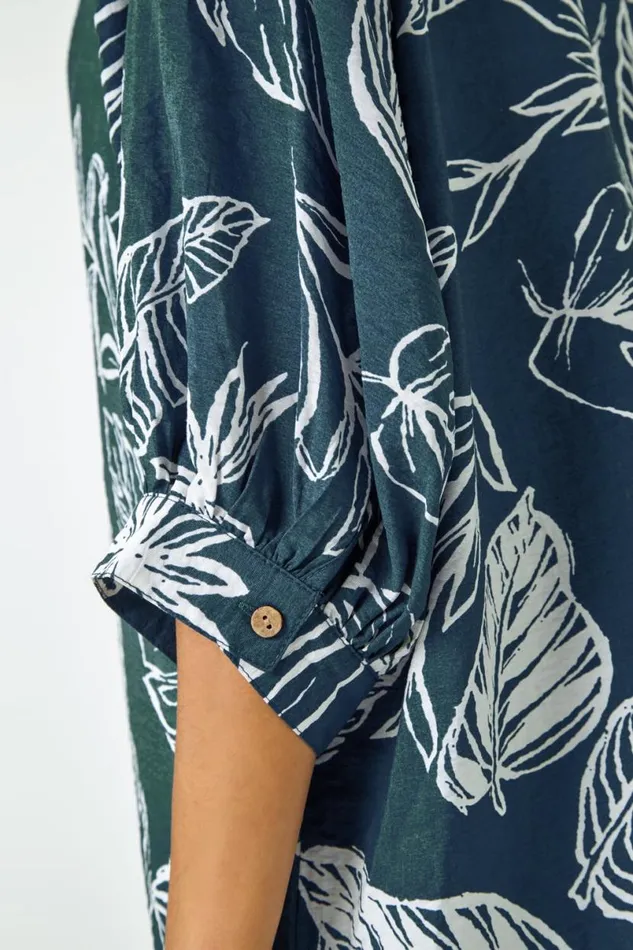 Navy Palm Print Longline Shirt Women Roman Tops