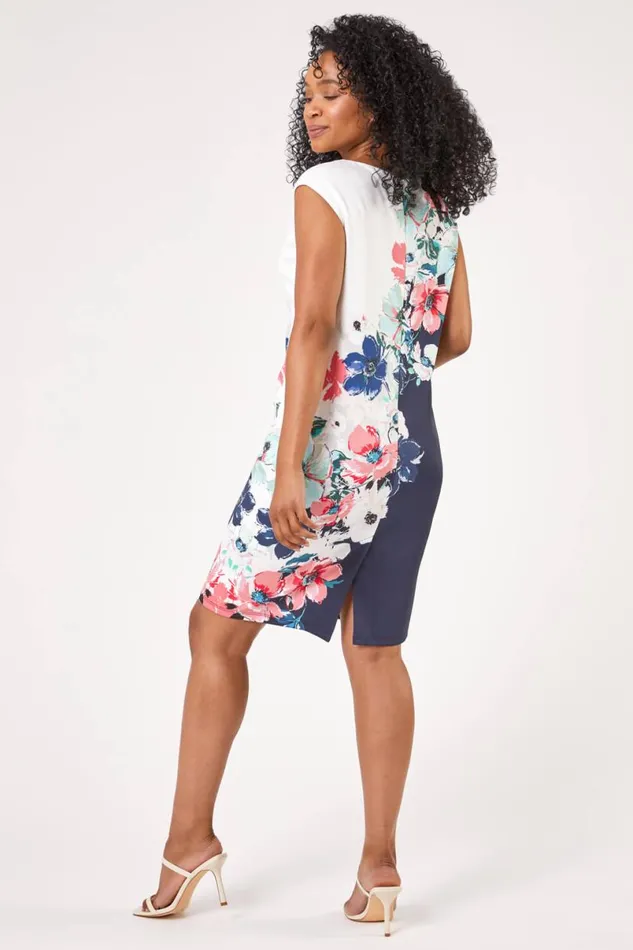 Navy Petite Floral Print Premium Stretch Dress Women Roman Dresses