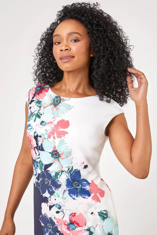 Navy Petite Floral Print Premium Stretch Dress Women Roman Dresses