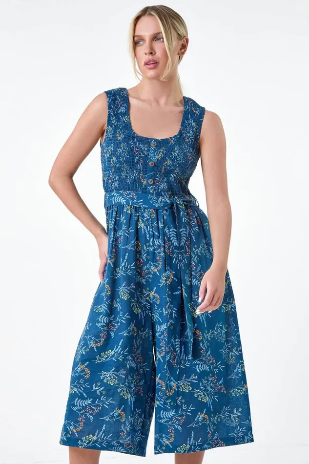 Navy Petite Floral Shirred Wide Leg Jumpsuit Women Roman Dresses