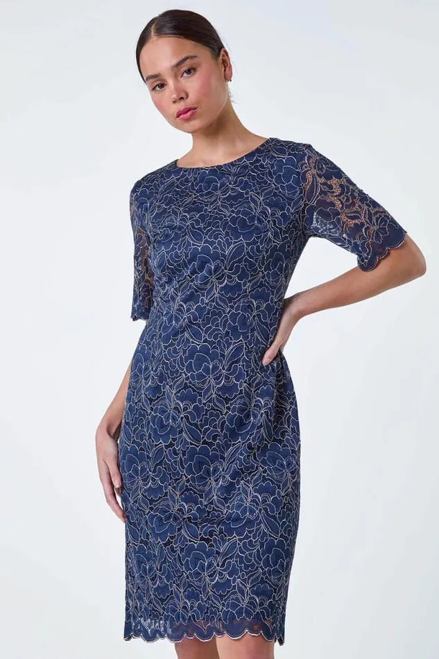 Navy Petite Lace Overlay Shift Dress Women Roman Dresses