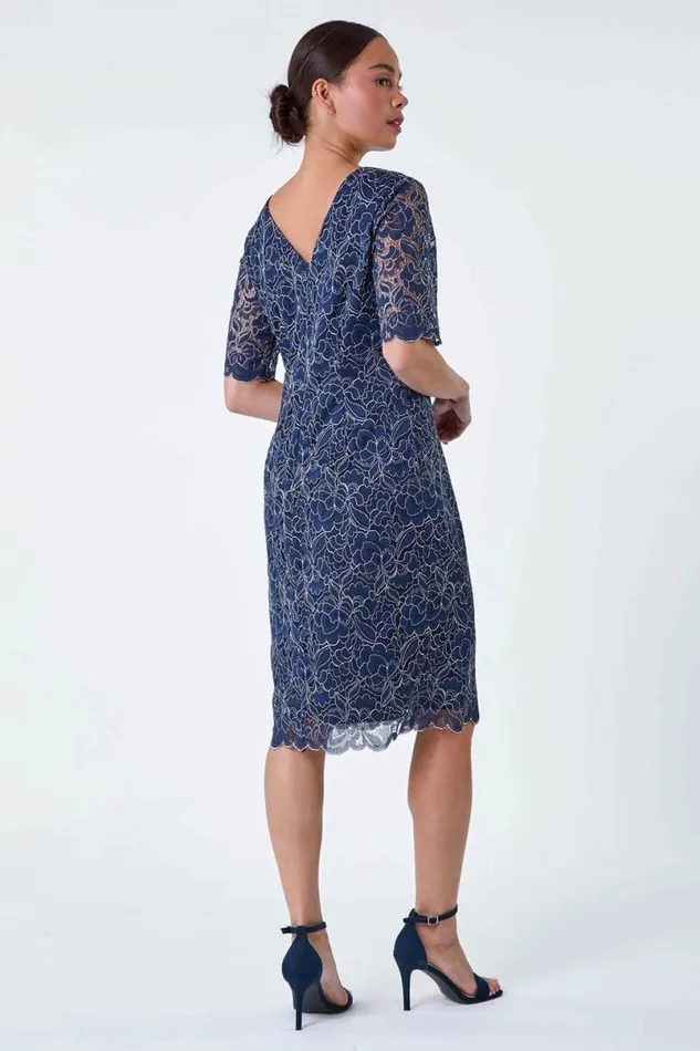 Navy Petite Lace Overlay Shift Dress Women Roman Dresses