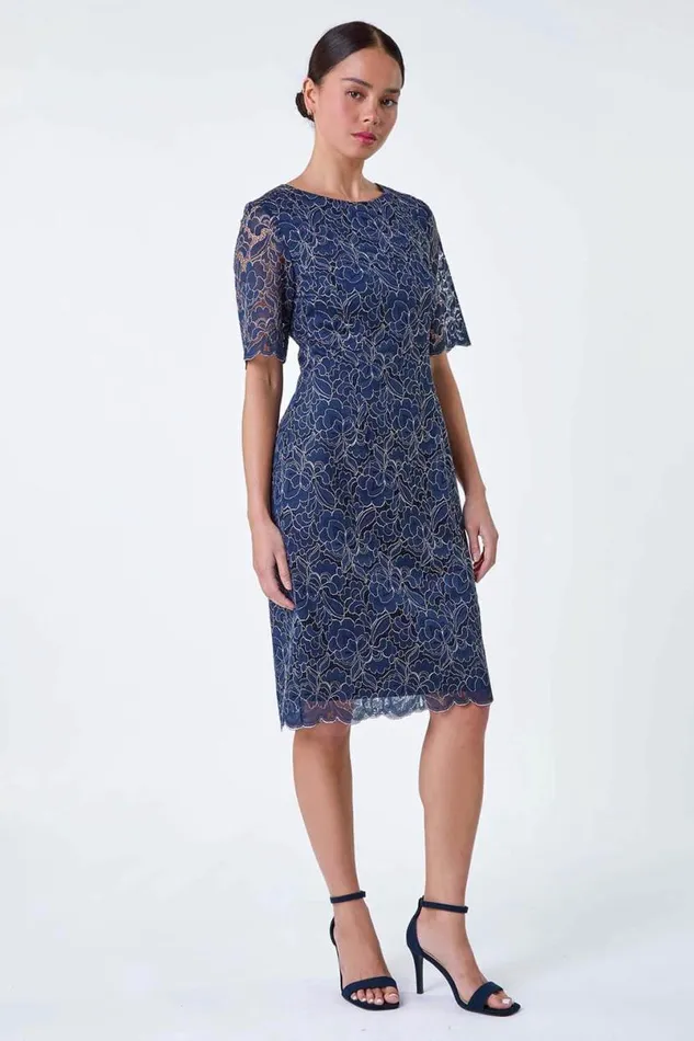 Navy Petite Lace Overlay Shift Dress Women Roman Dresses