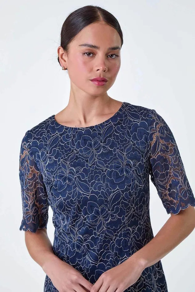 Navy Petite Lace Overlay Shift Dress Women Roman Dresses