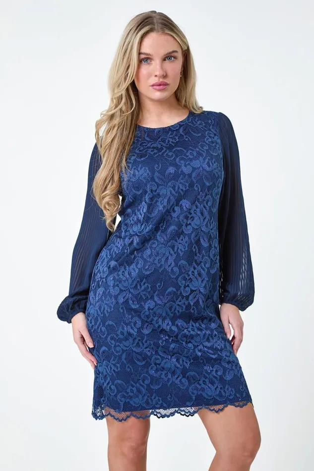 Navy Petite Pleated Sleeve Lace Shift Dress Women Roman Dresses