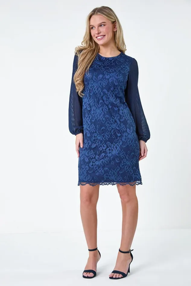 Navy Petite Pleated Sleeve Lace Shift Dress Women Roman Dresses