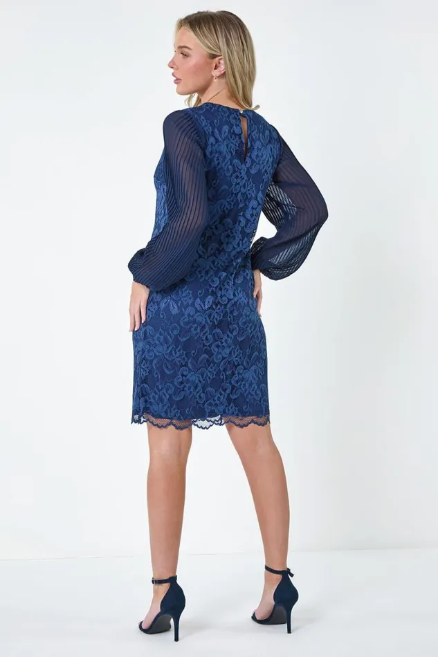 Navy Petite Pleated Sleeve Lace Shift Dress Women Roman Dresses