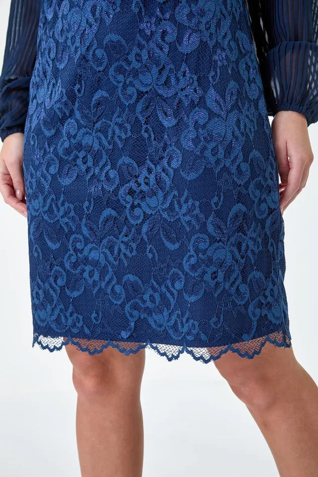 Navy Petite Pleated Sleeve Lace Shift Dress Women Roman Dresses