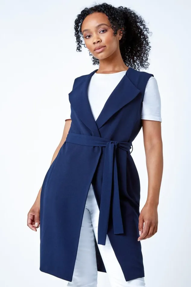 Navy Petite Sleeveless Longline Jacket Women Roman Jackets