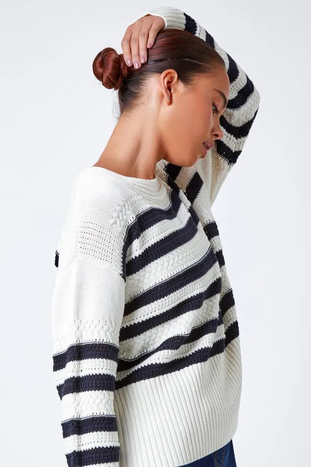 Navy Petite Stripe Print Textured Jumper Women Roman Knitwear
