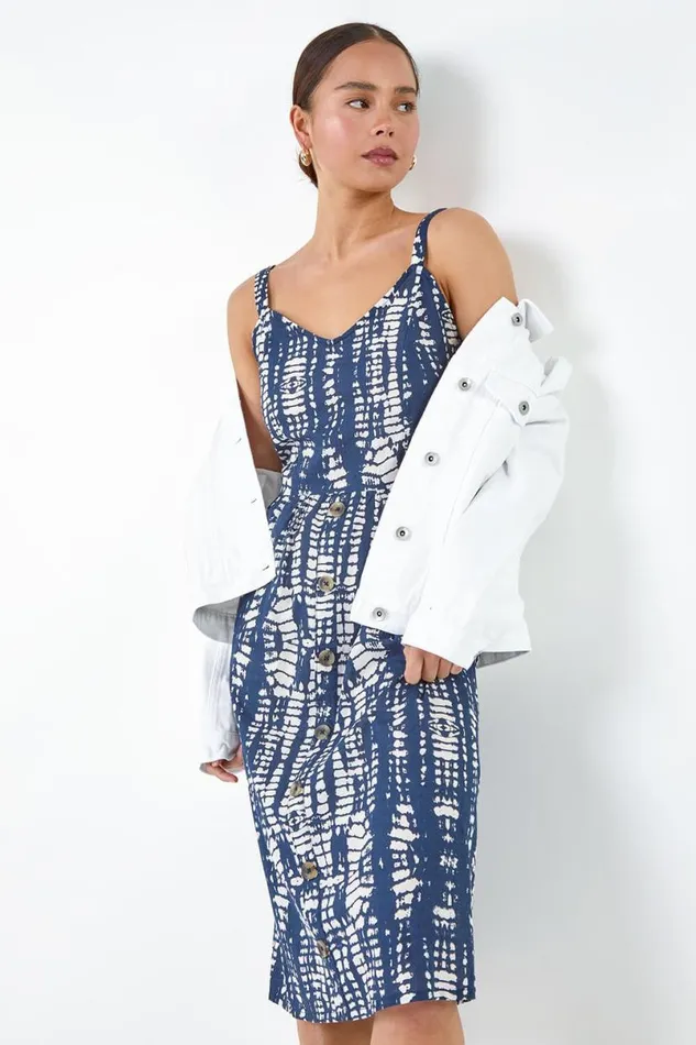 Navy Petite Tie Dye Button Front Dress Women Roman Dresses