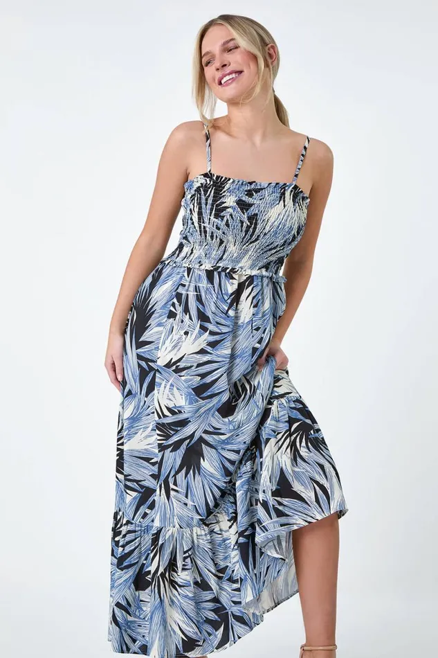Navy Petite Tropical Print Shirred Maxi Dress Women Roman Dresses