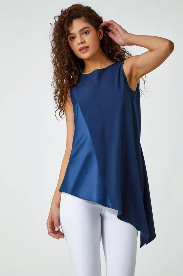 Navy Satin Contrast Asymmetric Chiffon Tunic Top Women Roman Tops
