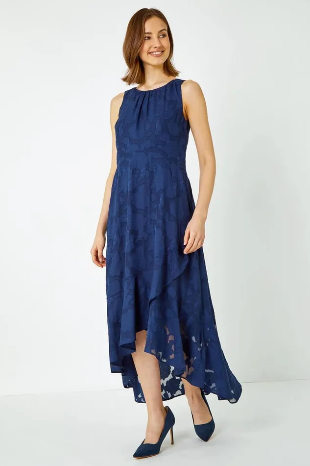 Navy Sleeveless Jacquard Dipped Hem Midi Dress Women Roman Dresses