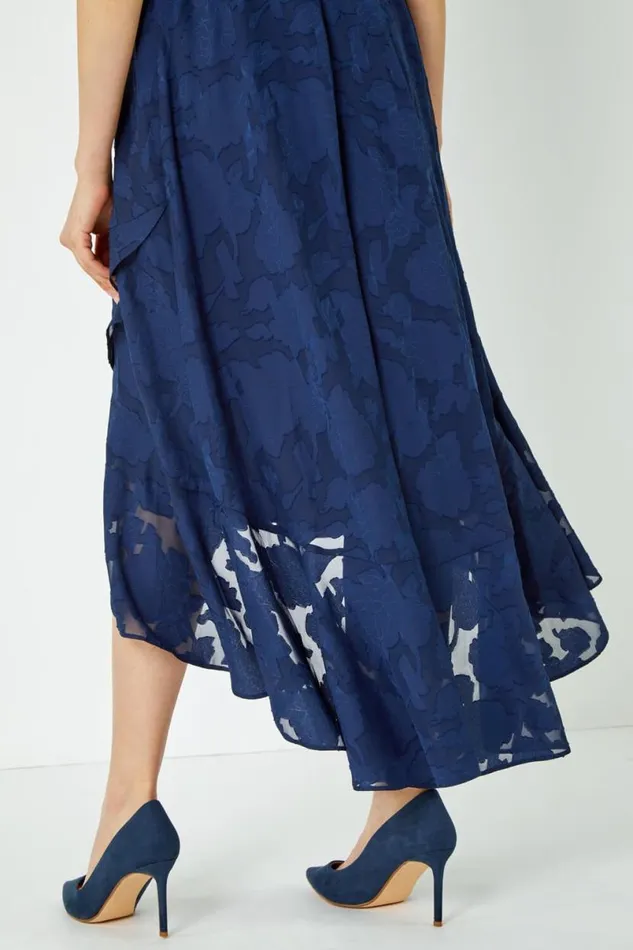 Navy Sleeveless Jacquard Dipped Hem Midi Dress Women Roman Dresses