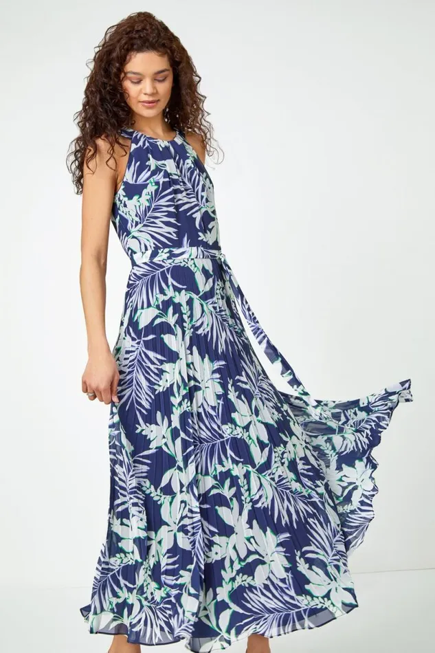 Navy Sleeveless Palm Print Pleated Chiffon Dress Women Roman Dresses