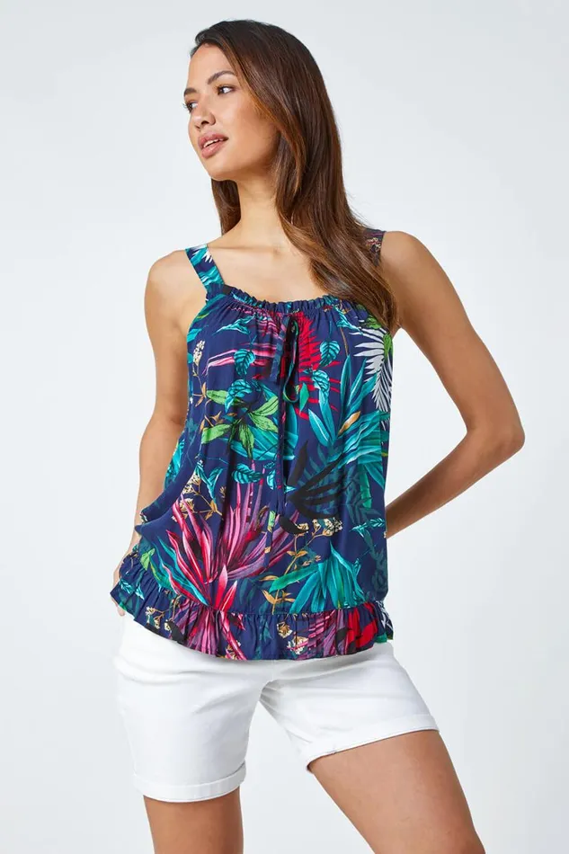 Navy Sleeveless Tropical Print Frill Hem Top Women Roman Tops