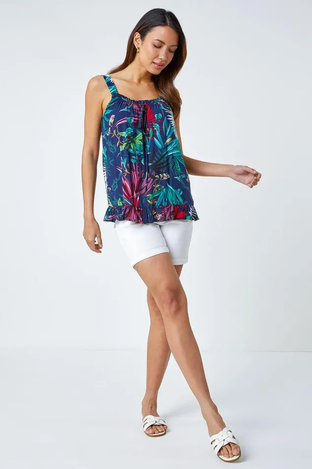 Navy Sleeveless Tropical Print Frill Hem Top Women Roman Tops