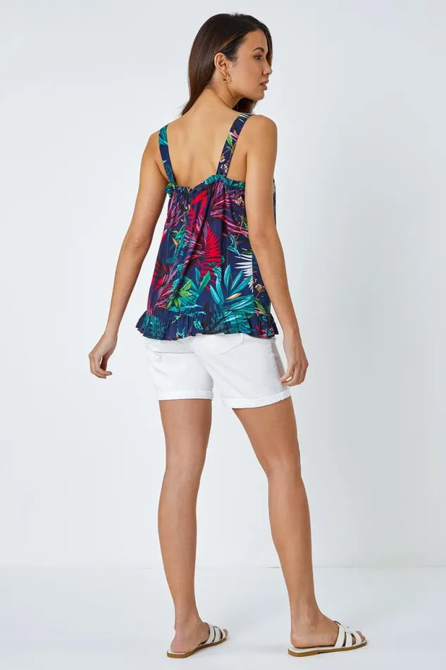 Navy Sleeveless Tropical Print Frill Hem Top Women Roman Tops