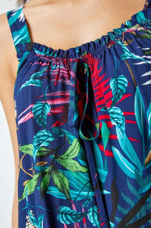 Navy Sleeveless Tropical Print Frill Hem Top Women Roman Tops