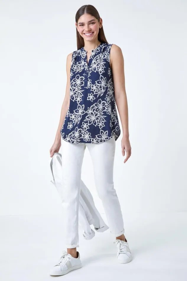 Navy Sleeveless VNeck Floral Print Stretch Top Women Roman Tops