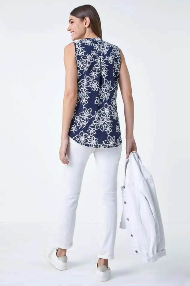 Navy Sleeveless VNeck Floral Print Stretch Top Women Roman Tops