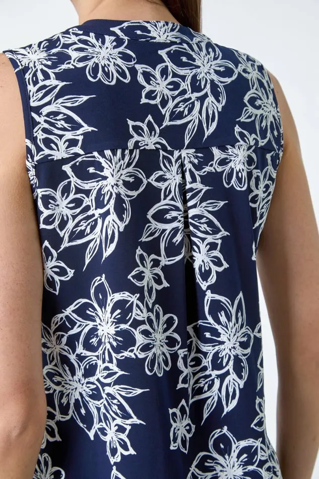Navy Sleeveless VNeck Floral Print Stretch Top Women Roman Tops