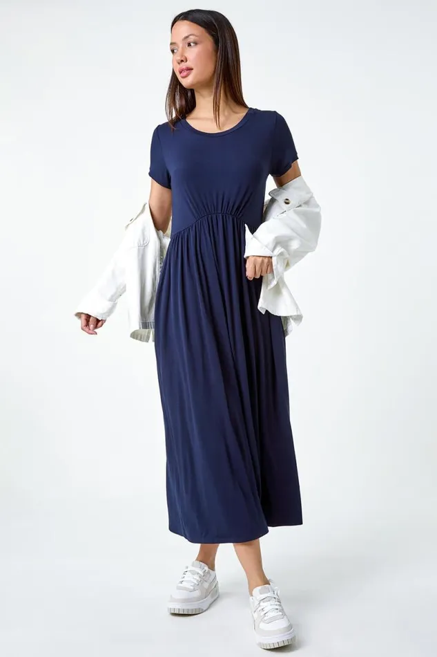 Navy Stretch Gathered Pocket TShirt Dress Women Roman Dresses