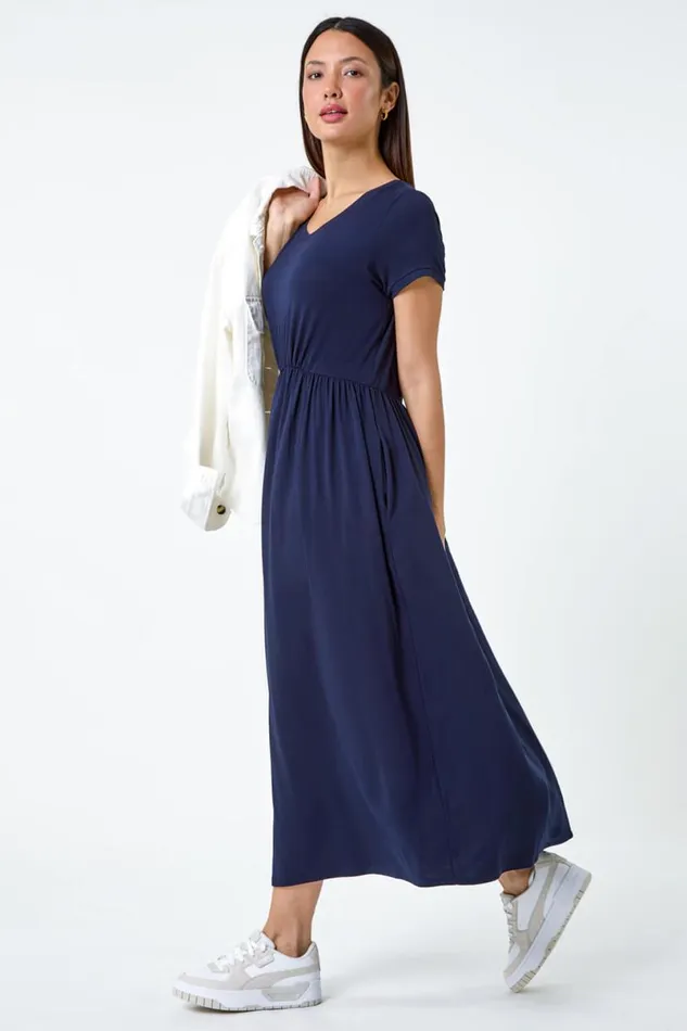 Navy Stretch Gathered Pocket TShirt Dress Women Roman Dresses
