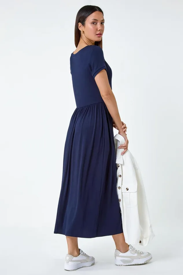 Navy Stretch Gathered Pocket TShirt Dress Women Roman Dresses