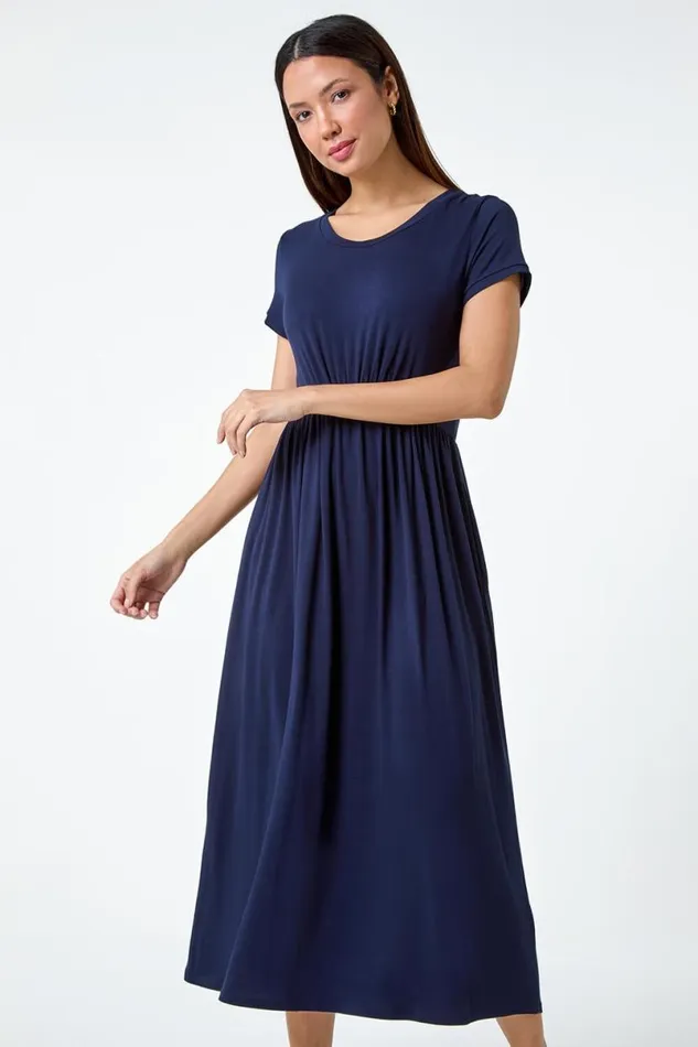 Navy Stretch Gathered Pocket TShirt Dress Women Roman Dresses