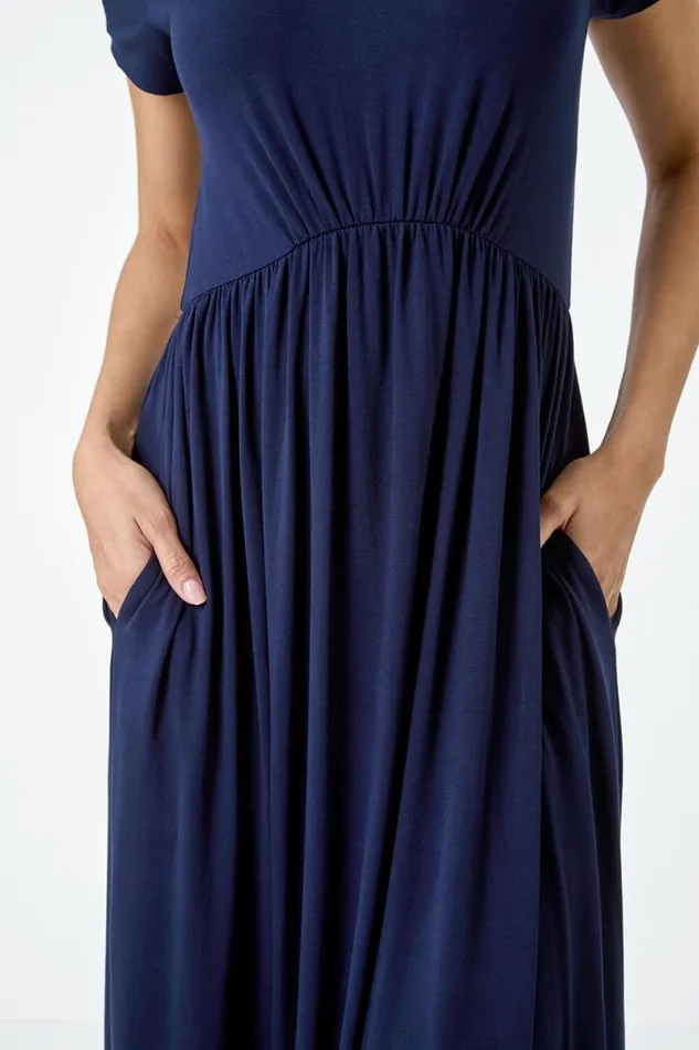 Navy Stretch Gathered Pocket TShirt Dress Women Roman Dresses