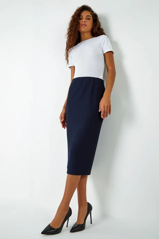 Navy Textured Elastic Waist Pencil Midi Skirt Women Roman Skirts