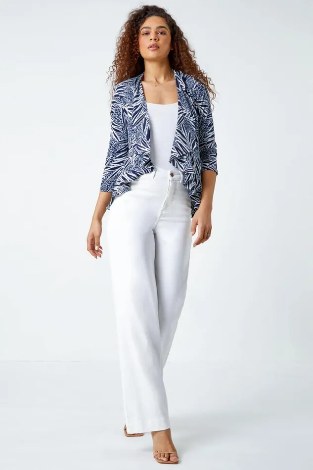 Navy Textured Floral Print Peplum Stretch Jacket Women Roman Jackets