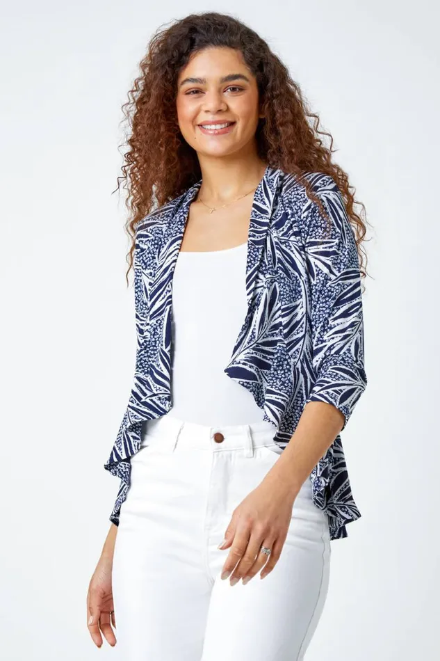 Navy Textured Floral Print Peplum Stretch Jacket Women Roman Jackets