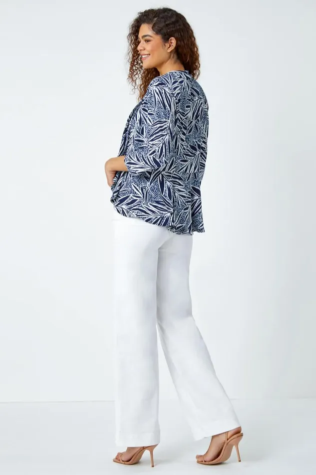 Navy Textured Floral Print Peplum Stretch Jacket Women Roman Jackets