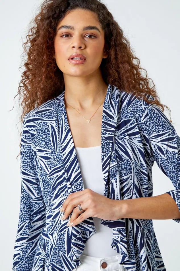 Navy Textured Floral Print Peplum Stretch Jacket Women Roman Jackets