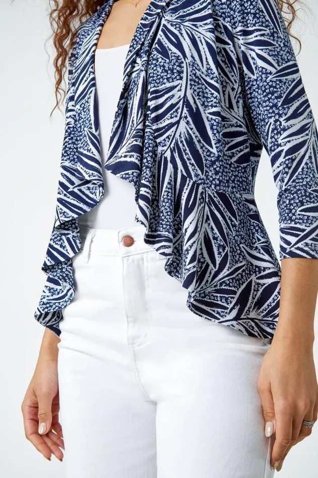 Navy Textured Floral Print Peplum Stretch Jacket Women Roman Jackets