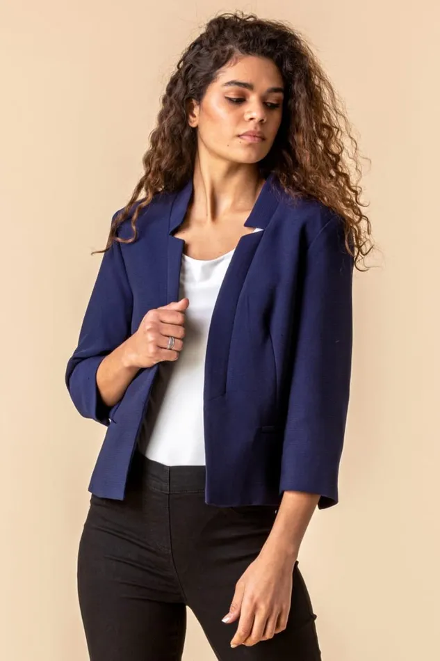 Navy Textured Notch Neck Jacket Women Roman Occasionwear