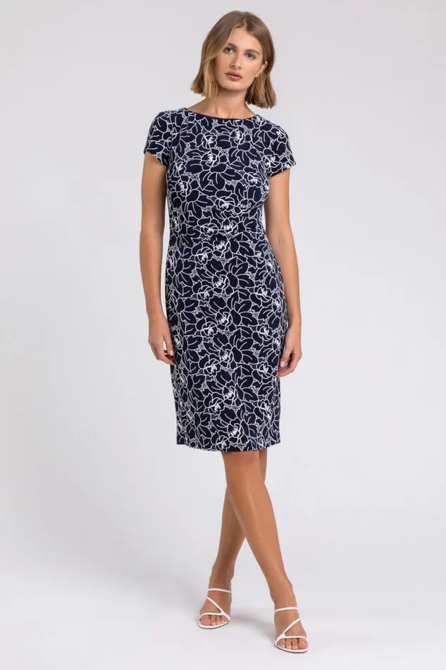 Navy White Floral Print Stretch Ruched Dress Women Roman Dresses