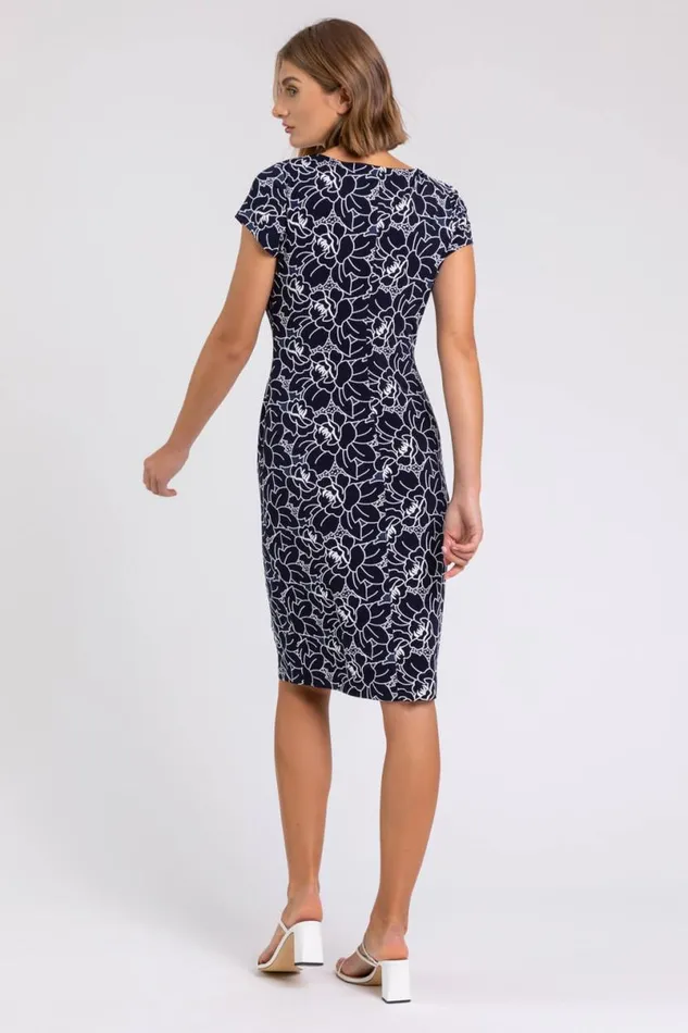 Navy White Floral Print Stretch Ruched Dress Women Roman Dresses