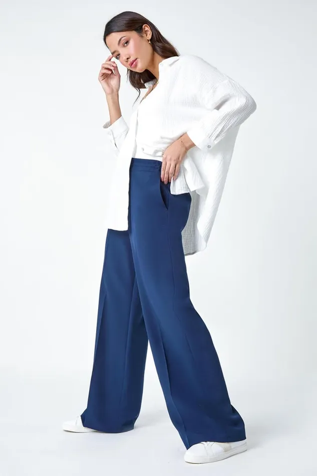 Navy Wide Leg Elastic Waist Tie Front Trouser Women Roman Trousers